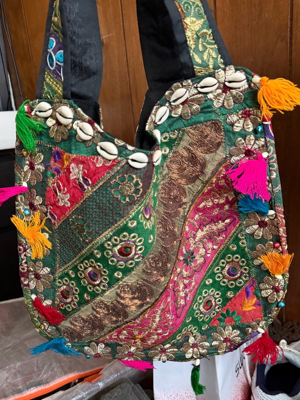 Boho Embroidered Green & Pink Tassel Tote Bag